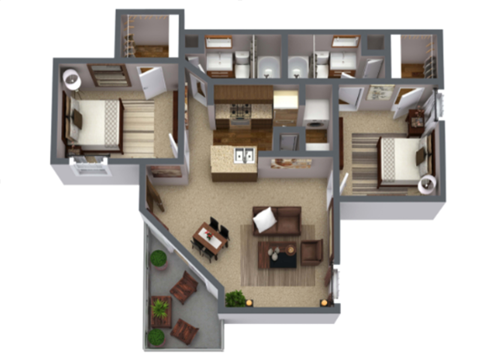 Floor plan for 2 beds, 2 baths, 900 sqft